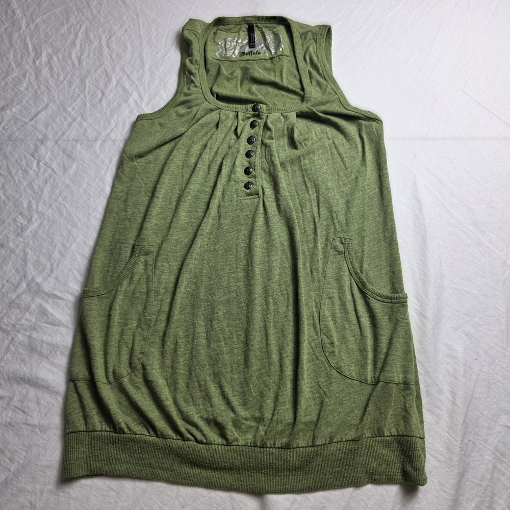 Buffalo Women's tank Green y2k Medium Henley Pockets David Bitton flowly